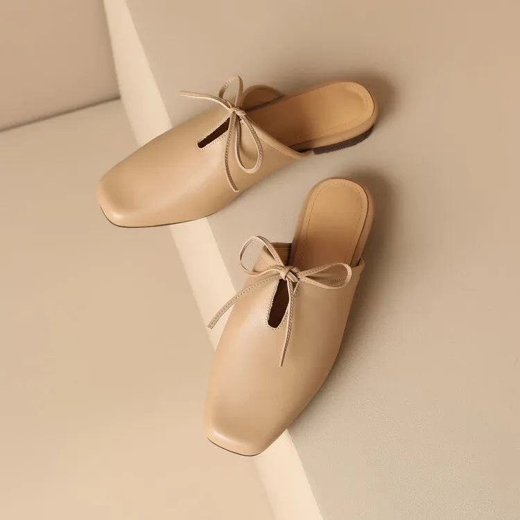 Ladies Square Toe Soft Genuine Leather Lace-up Flat Mule Slip on