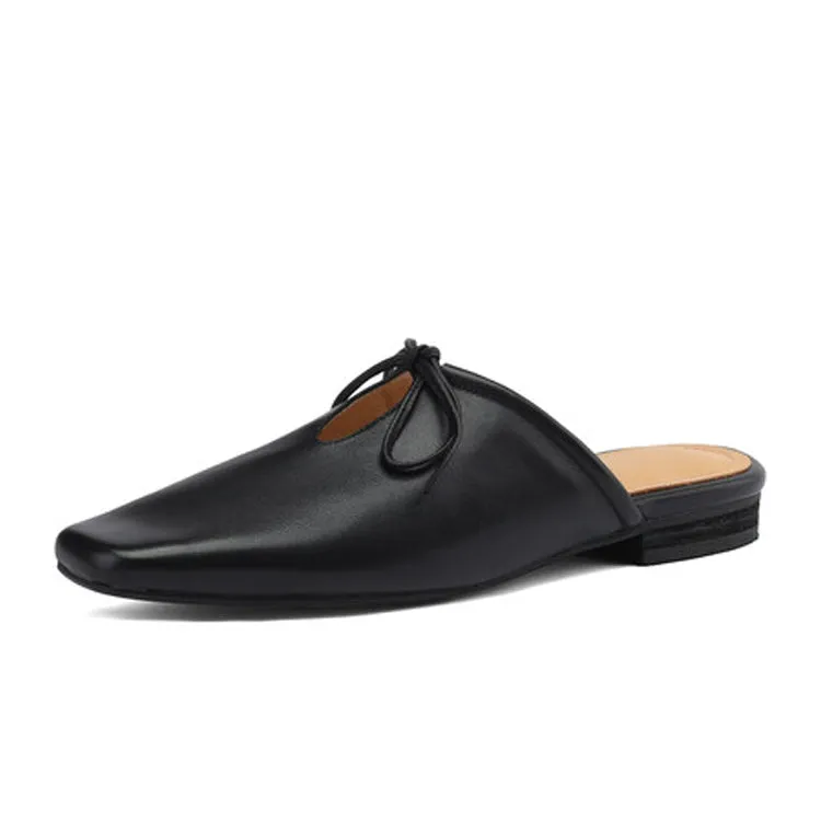 Ladies Square Toe Soft Genuine Leather Lace-up Flat Mule Slip on