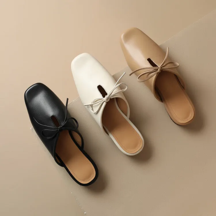 Ladies Square Toe Soft Genuine Leather Lace-up Flat Mule Slip on