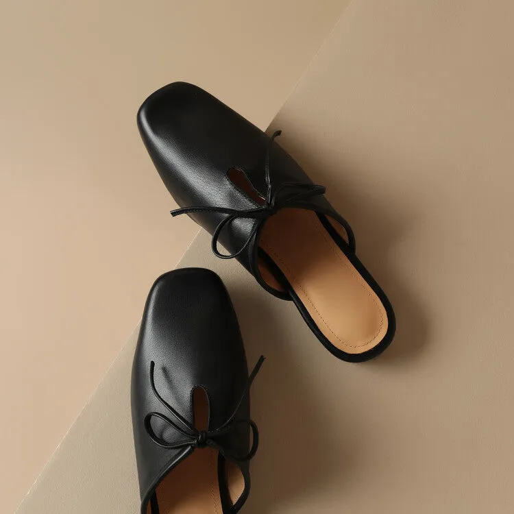 Ladies Square Toe Soft Genuine Leather Lace-up Flat Mule Slip on