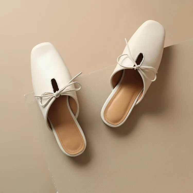 Ladies Square Toe Soft Genuine Leather Lace-up Flat Mule Slip on