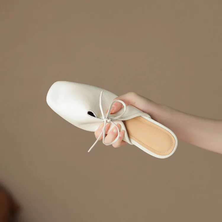 Ladies Square Toe Soft Genuine Leather Lace-up Flat Mule Slip on
