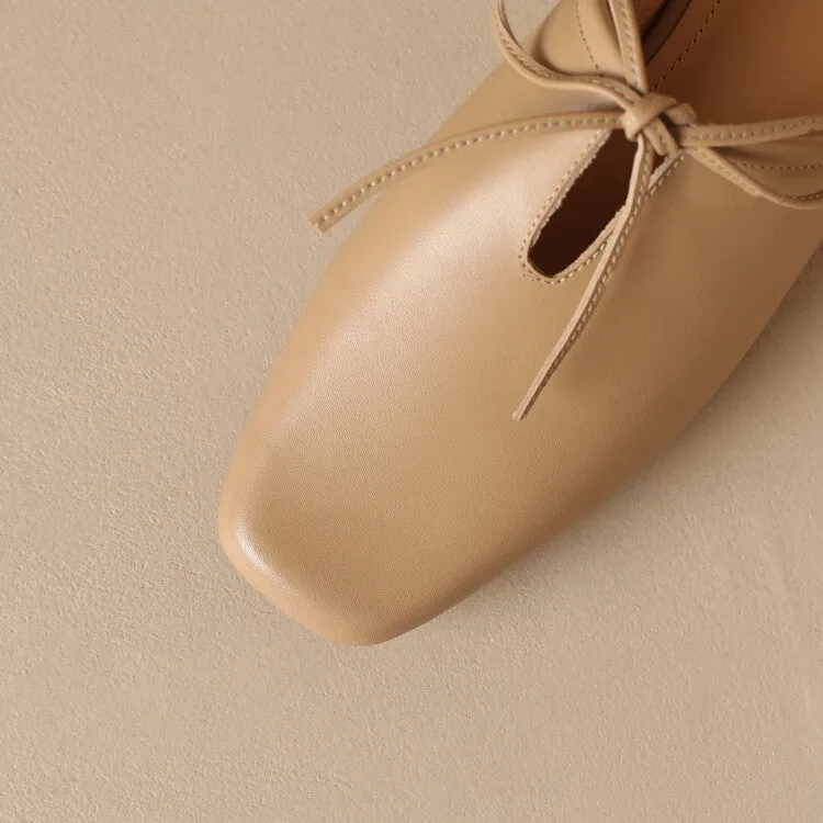 Ladies Square Toe Soft Genuine Leather Lace-up Flat Mule Slip on