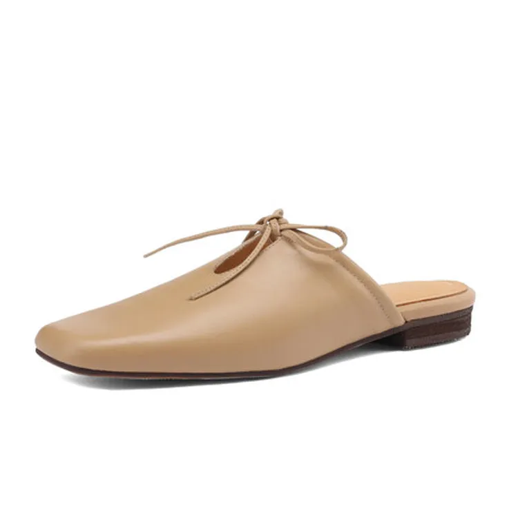 Ladies Square Toe Soft Genuine Leather Lace-up Flat Mule Slip on
