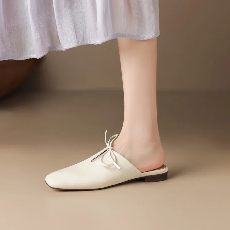 Ladies Square Toe Soft Genuine Leather Lace-up Flat Mule Slip on