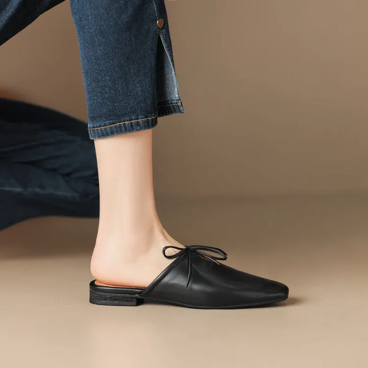 Ladies Square Toe Soft Genuine Leather Lace-up Flat Mule Slip on