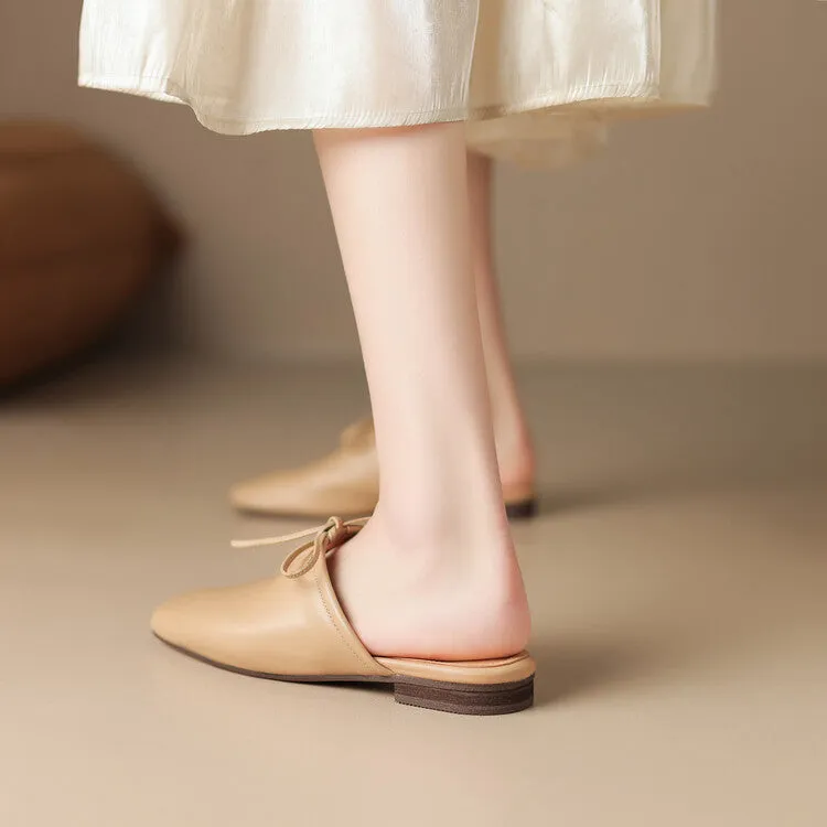 Ladies Square Toe Soft Genuine Leather Lace-up Flat Mule Slip on