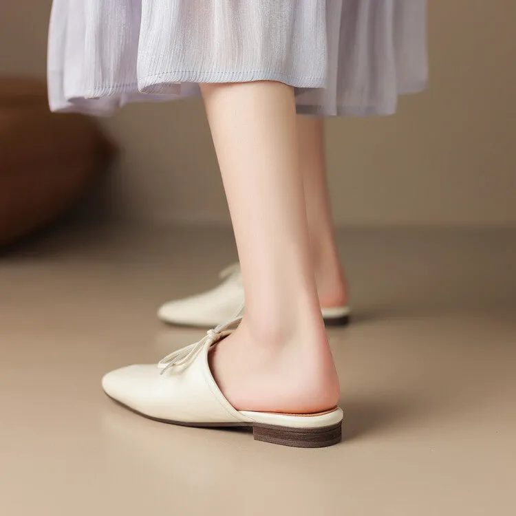 Ladies Square Toe Soft Genuine Leather Lace-up Flat Mule Slip on