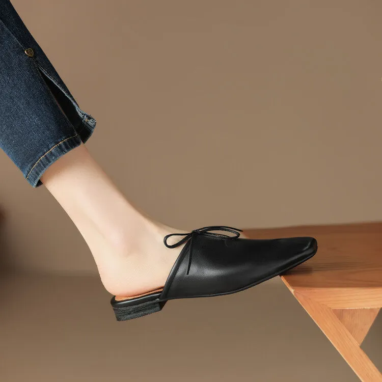 Ladies Square Toe Soft Genuine Leather Lace-up Flat Mule Slip on