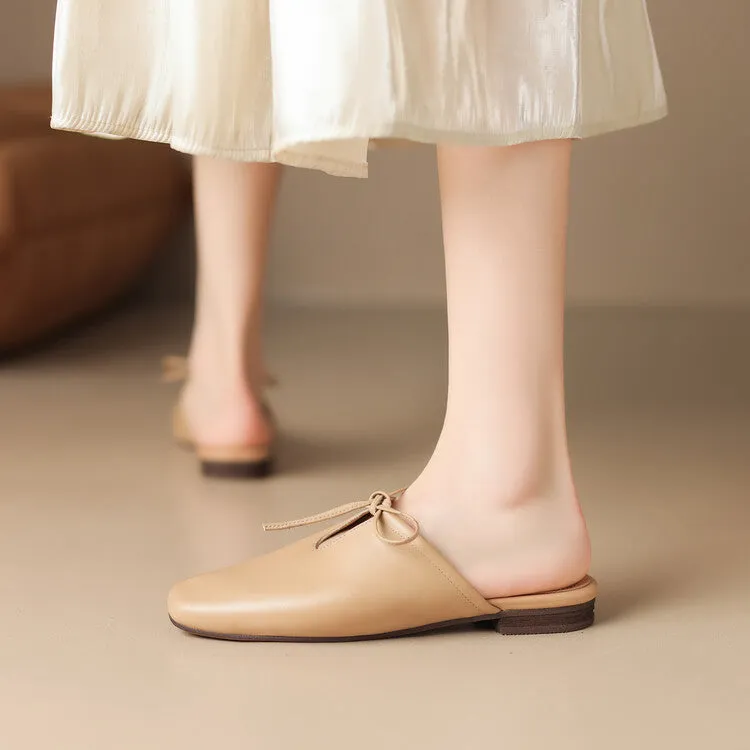 Ladies Square Toe Soft Genuine Leather Lace-up Flat Mule Slip on