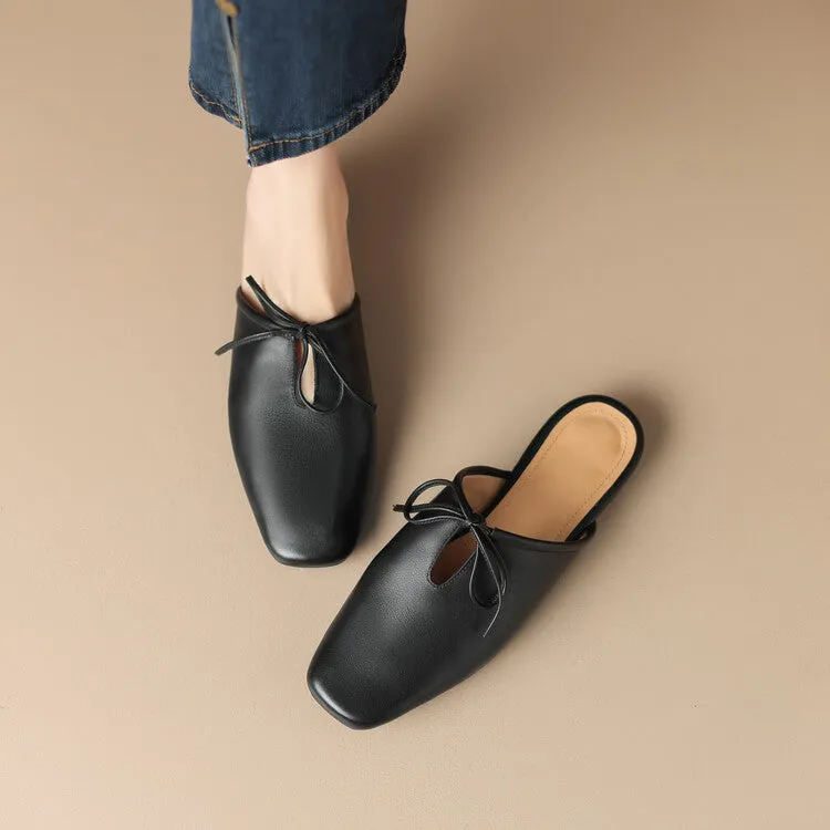 Ladies Square Toe Soft Genuine Leather Lace-up Flat Mule Slip on