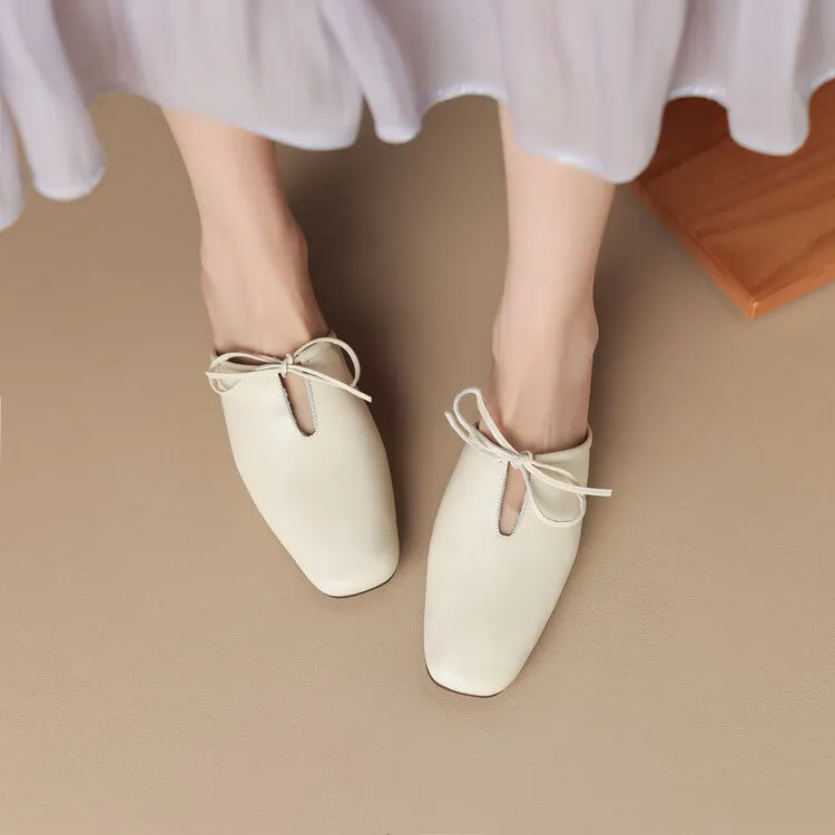 Ladies Square Toe Soft Genuine Leather Lace-up Flat Mule Slip on