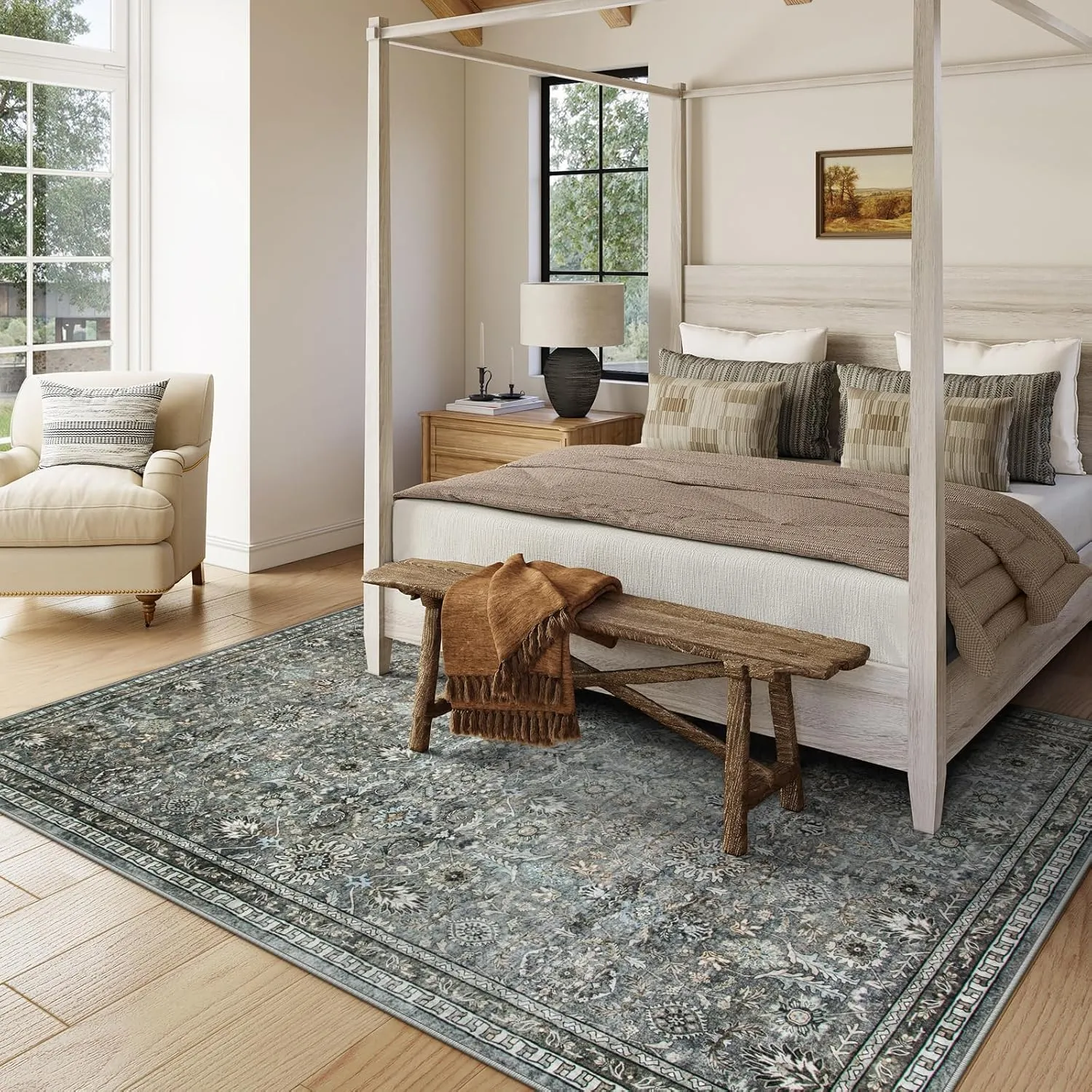 Lahome Black Floral Living Room Rug 8x10, Washable Charcoal Area Rugs for Bedroom, Soft Pet Friendly Stain Resistant Floor Carpets for Dining Room Decor
