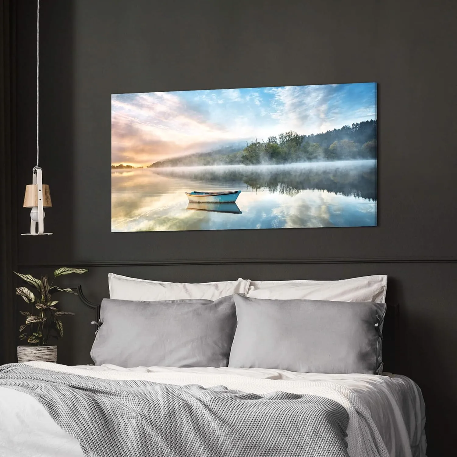 Lake Boat Canvas Wall Art: Modern Nature Landscape Picture Photography Bedroom Foggy Forest Print Painting Office Calming Sunrise Scene Artwork Decor for Living Room