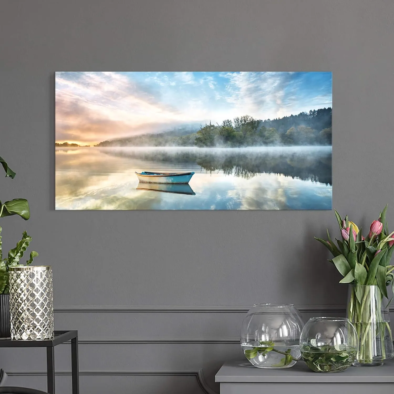 Lake Boat Canvas Wall Art: Modern Nature Landscape Picture Photography Bedroom Foggy Forest Print Painting Office Calming Sunrise Scene Artwork Decor for Living Room