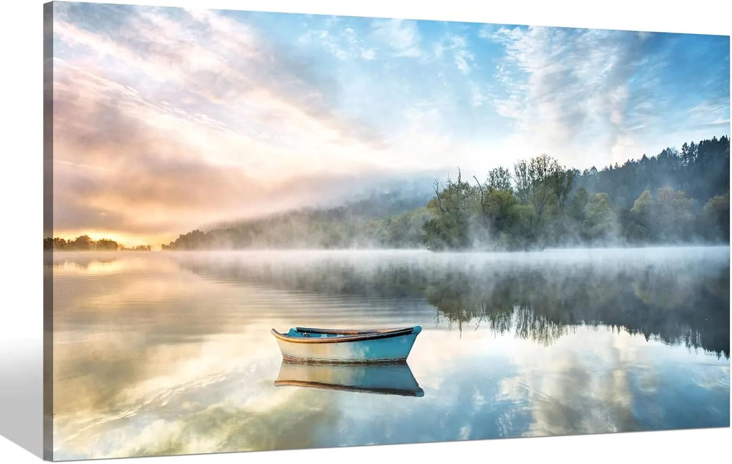 Lake Boat Canvas Wall Art: Modern Nature Landscape Picture Photography Bedroom Foggy Forest Print Painting Office Calming Sunrise Scene Artwork Decor for Living Room