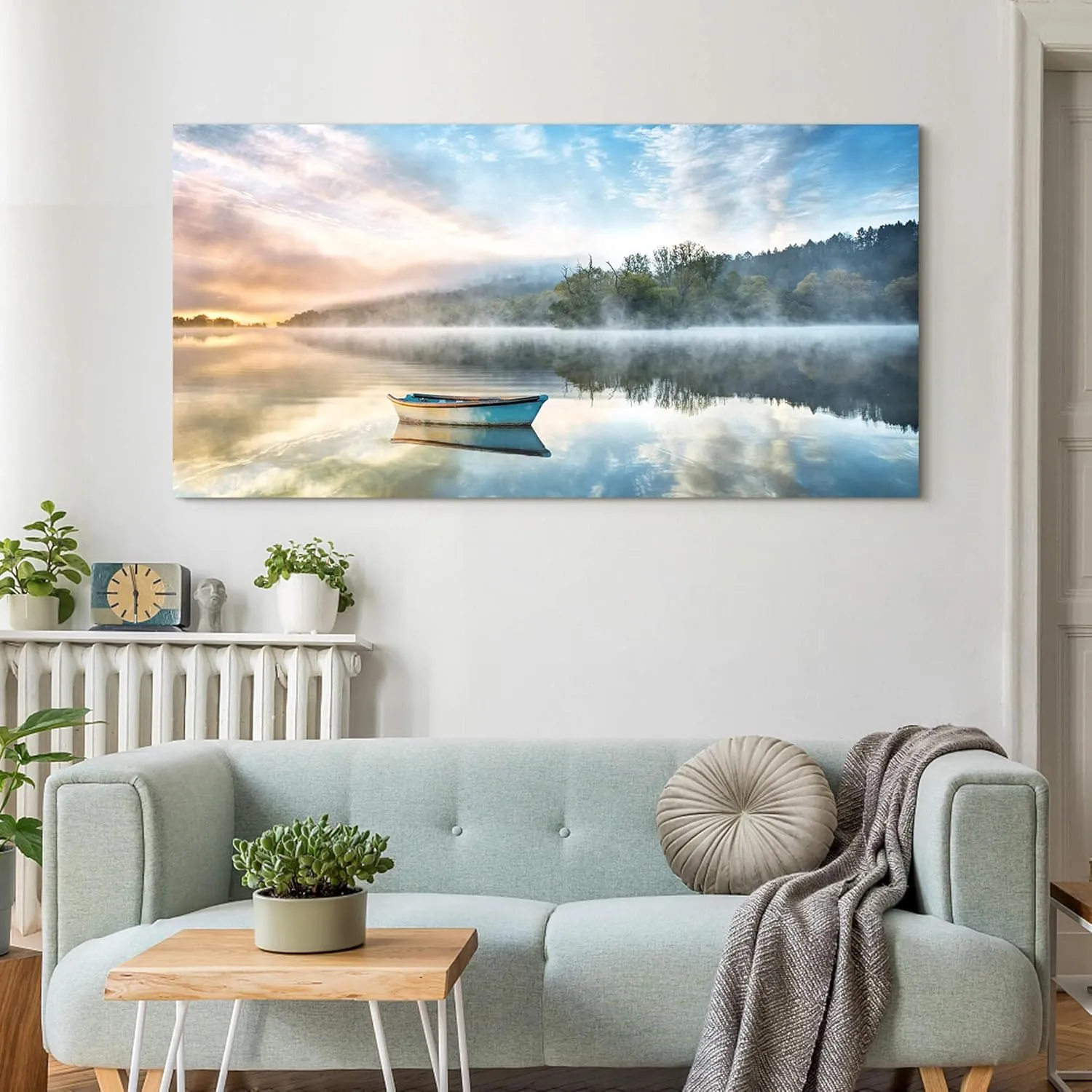 Lake Boat Canvas Wall Art: Modern Nature Landscape Picture Photography Bedroom Foggy Forest Print Painting Office Calming Sunrise Scene Artwork Decor for Living Room