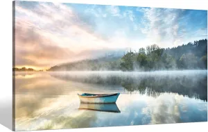 Lake Boat Canvas Wall Art: Modern Nature Landscape Picture Photography Bedroom Foggy Forest Print Painting Office Calming Sunrise Scene Artwork Decor for Living Room