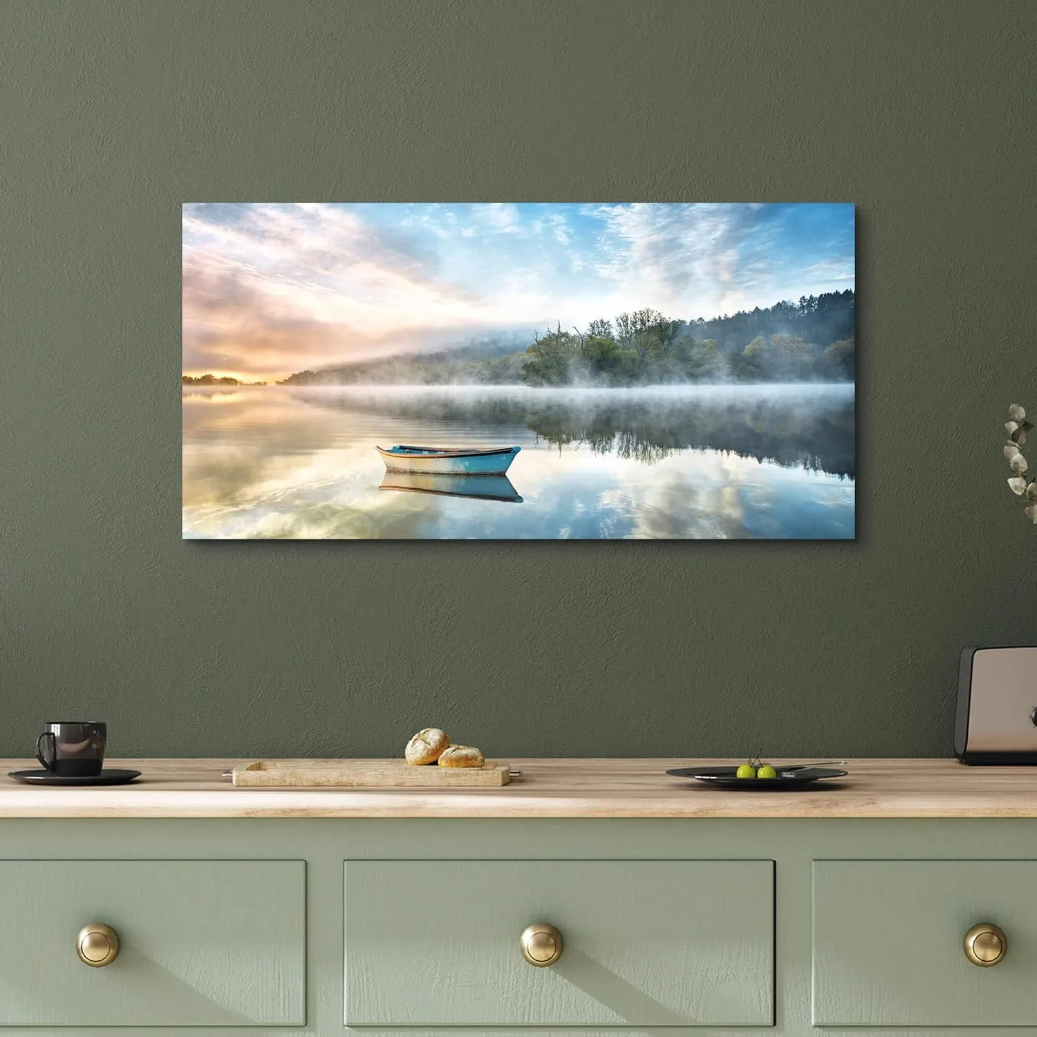 Lake Boat Canvas Wall Art: Modern Nature Landscape Picture Photography Bedroom Foggy Forest Print Painting Office Calming Sunrise Scene Artwork Decor for Living Room