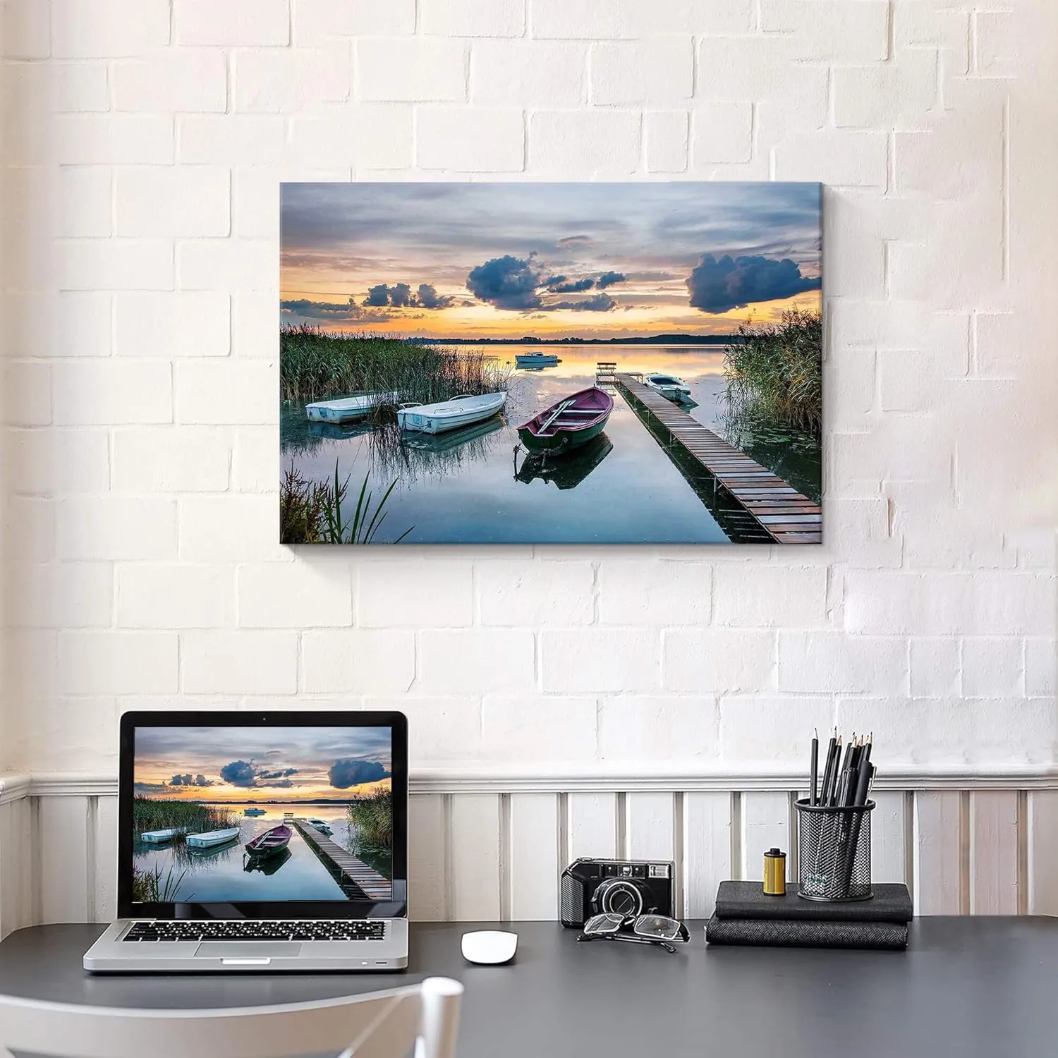 Lake Pier Canvas Wall Art: Modern Rustic Sunset Scenery Picture Nature Reed Landscape Painting Wilderness Boat Shore Gallery Artwork Colorful Skyline Sunrise Scene Prints for Bedroom Bathroom