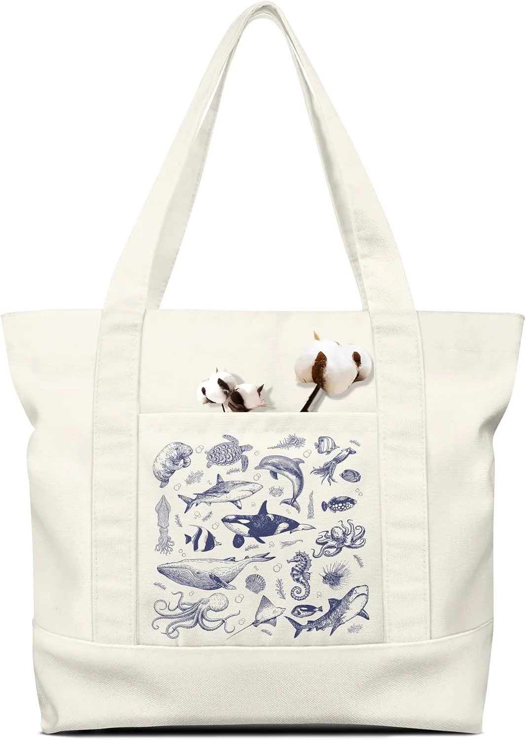 Large Canvas Tote Bag Zipper Closure - Outside Pocket Size 17.5''×14'' Aesthetic Boat Bag for Women Cotton