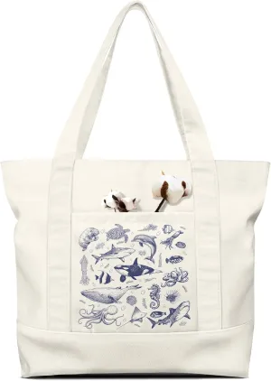 Large Canvas Tote Bag Zipper Closure - Outside Pocket Size 17.5''×14'' Aesthetic Boat Bag for Women Cotton