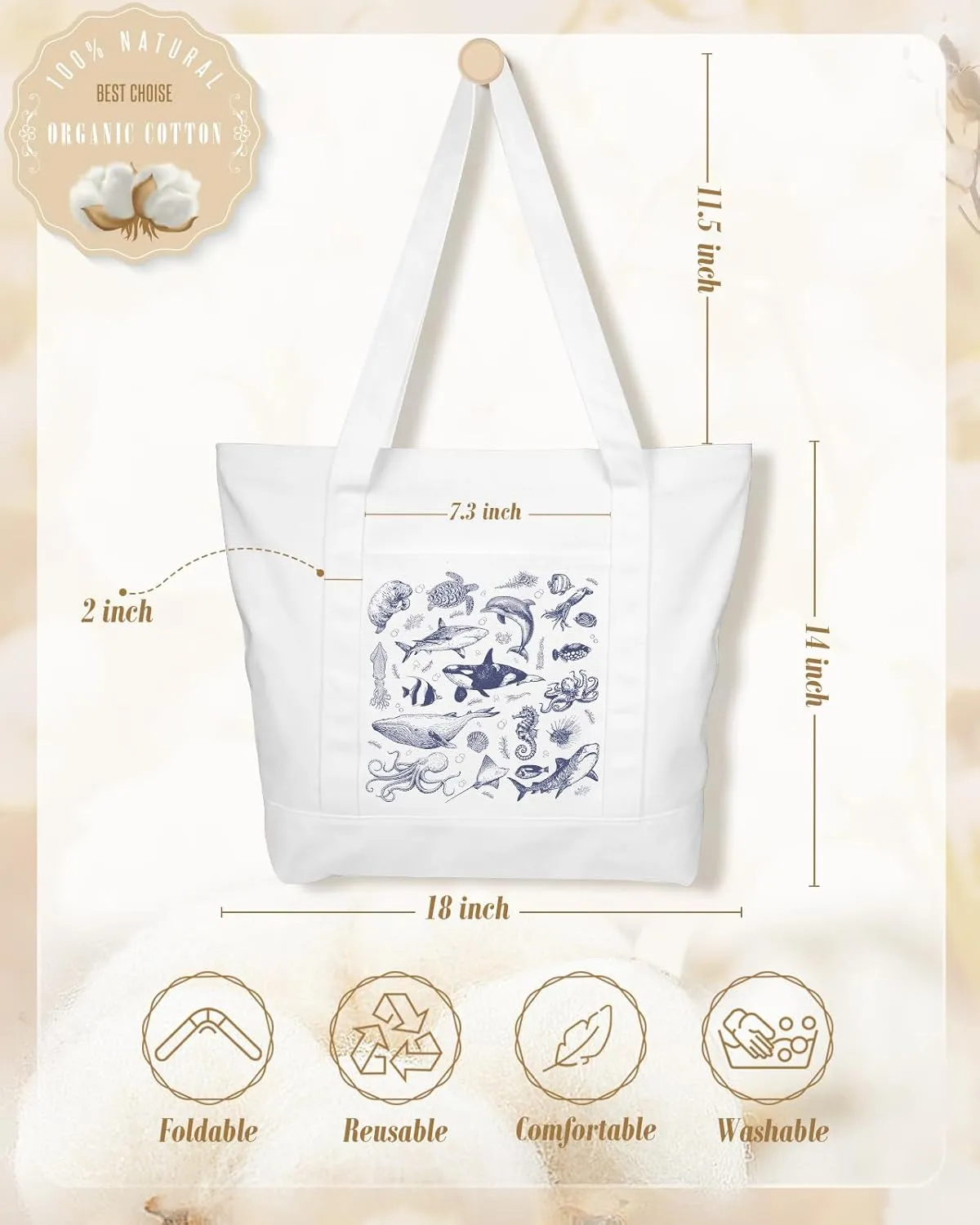 Large Canvas Tote Bag Zipper Closure - Outside Pocket Size 17.5''×14'' Aesthetic Boat Bag for Women Cotton