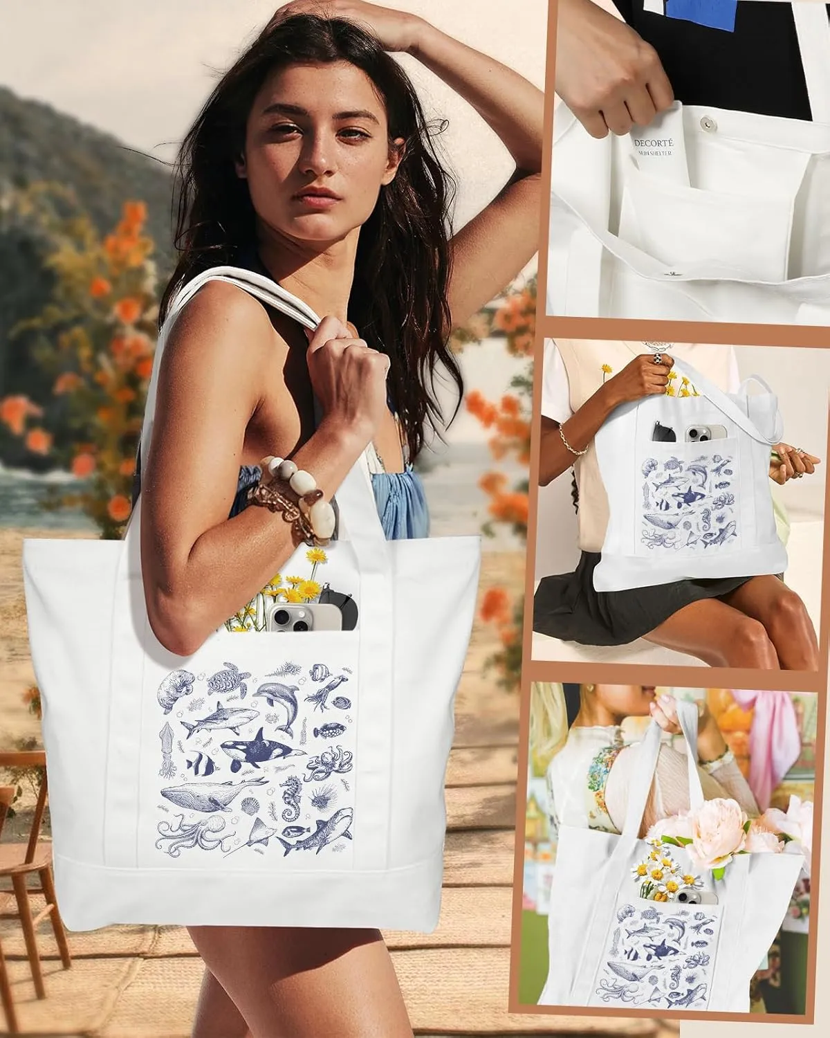 Large Canvas Tote Bag Zipper Closure - Outside Pocket Size 17.5''×14'' Aesthetic Boat Bag for Women Cotton