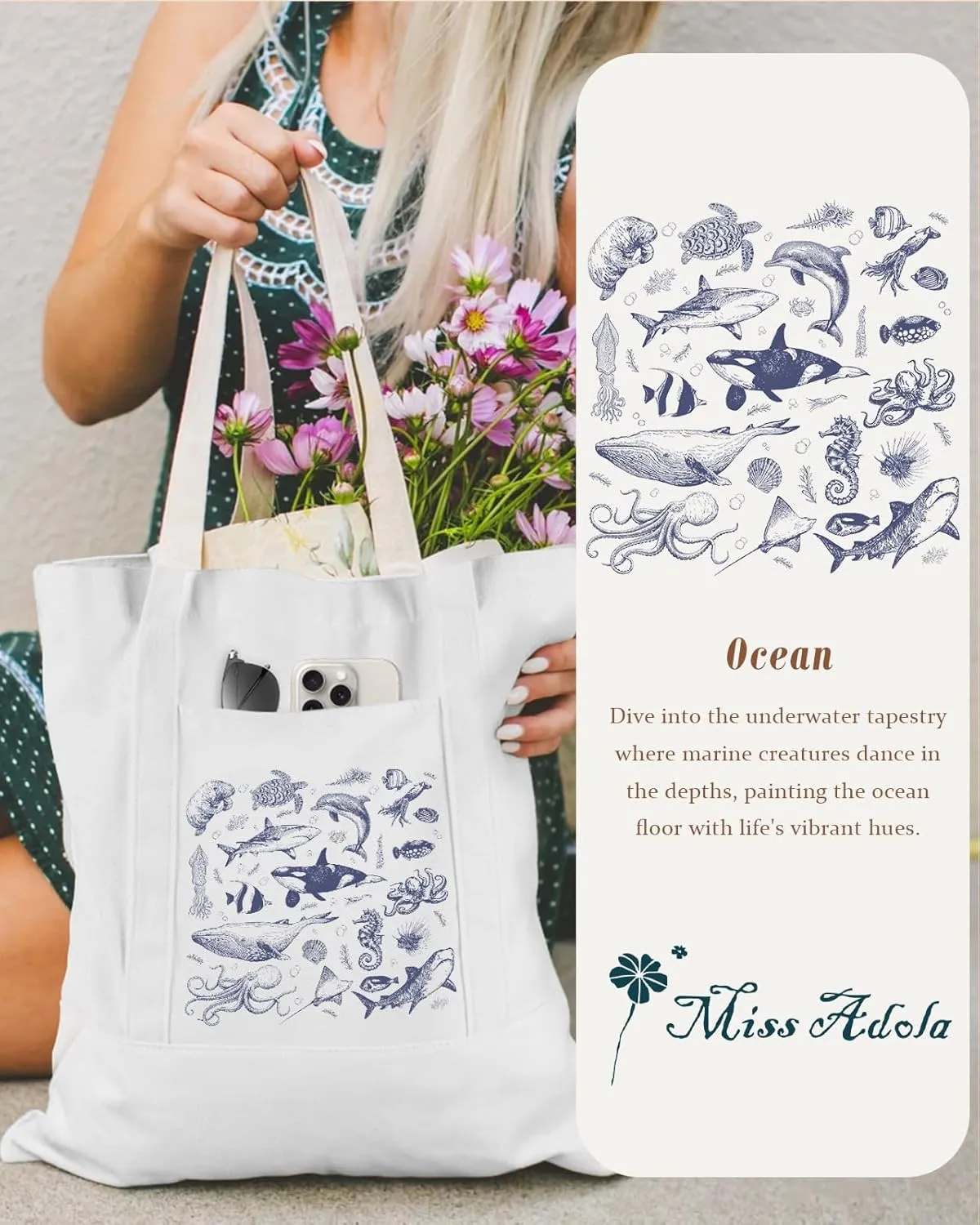 Large Canvas Tote Bag Zipper Closure - Outside Pocket Size 17.5''×14'' Aesthetic Boat Bag for Women Cotton