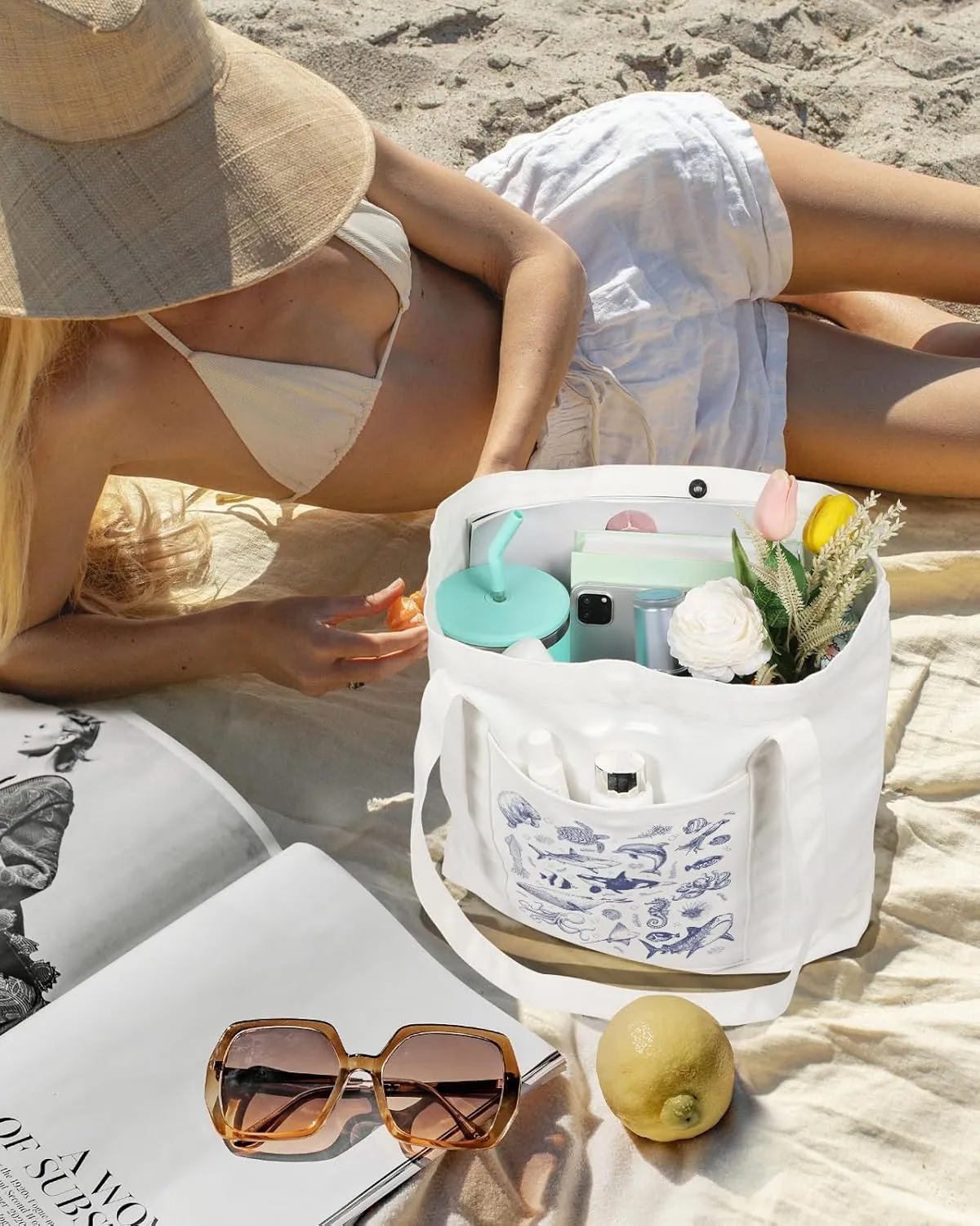 Large Canvas Tote Bag Zipper Closure - Outside Pocket Size 17.5''×14'' Aesthetic Boat Bag for Women Cotton