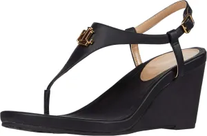 Lauren Ralph Lauren Jeannie Wedge Sandal for Women - Adjustable T-Strap, Open-Toe Casual High Platform Wedges - Black 6.5 B - Medium