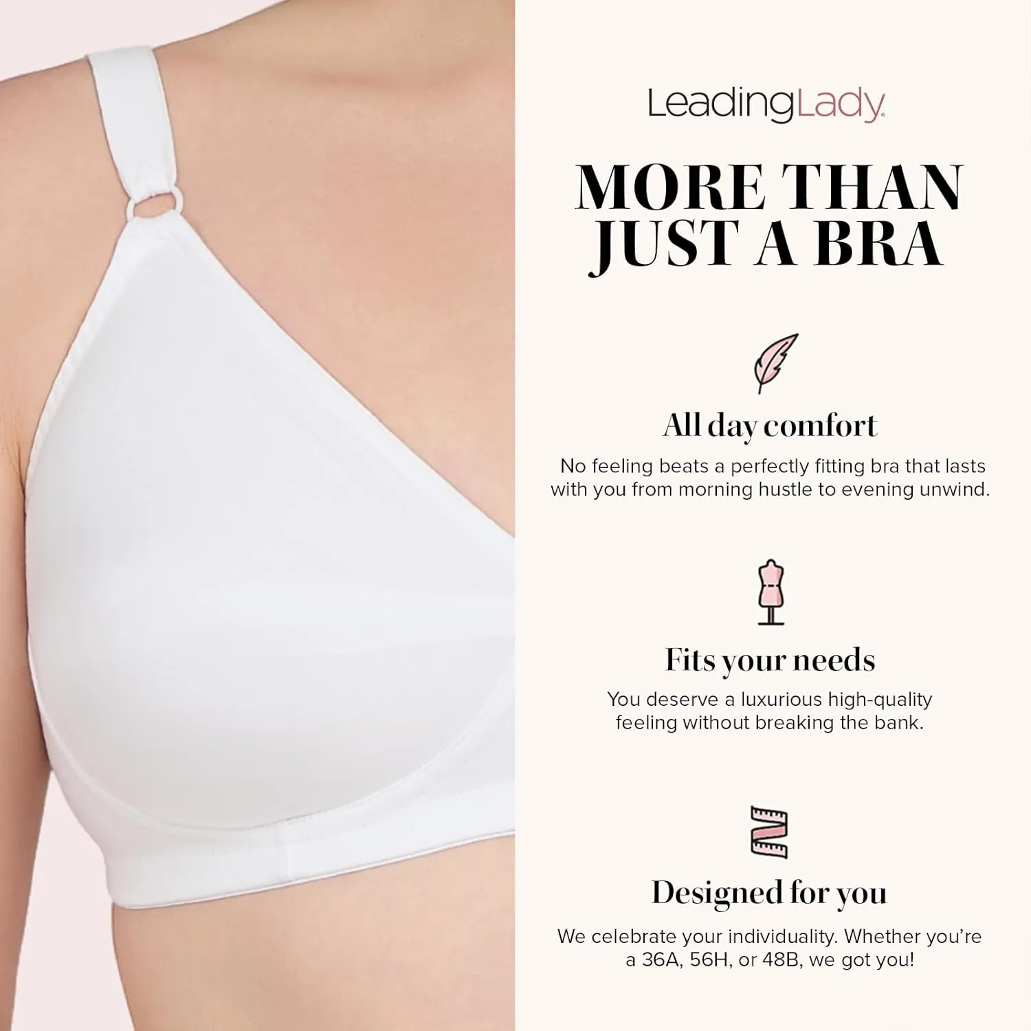 LEADING LADY Women's Plus-Size Latex Free Cotton Bra