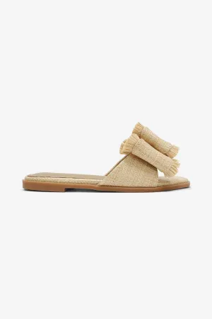LEMONADE Women's Double Bow Frayed Edge Detail Flat Slider Sandal