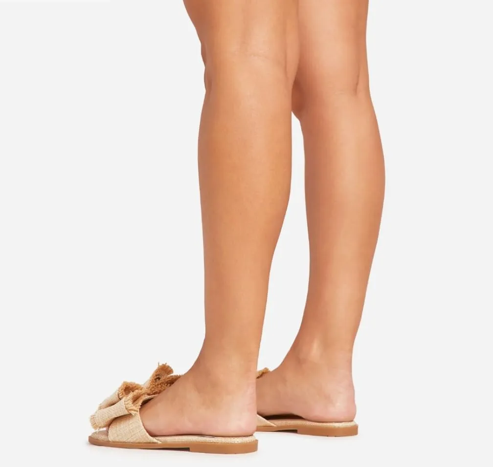 LEMONADE Women's Double Bow Frayed Edge Detail Flat Slider Sandal