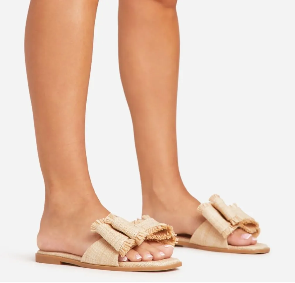 LEMONADE Women's Double Bow Frayed Edge Detail Flat Slider Sandal