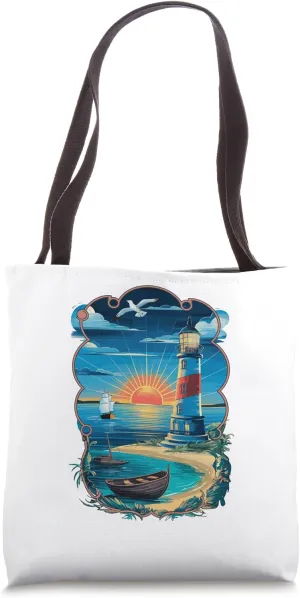Lighthouse Sunset Ocean Seagull Boat Tote Bag