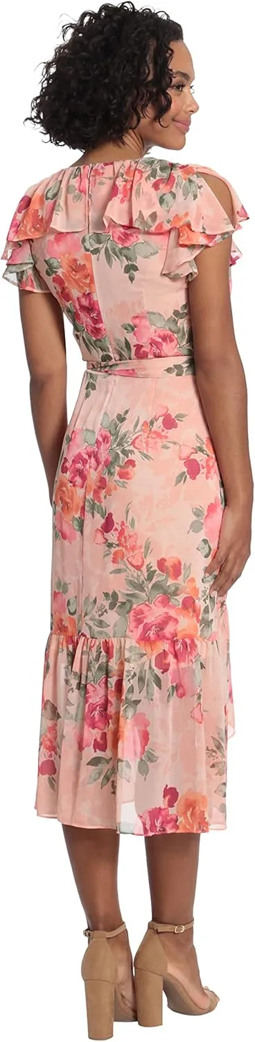 London Times Women's Soft Feminine Ruffle Wrap High Low Dress with Arm Coverage