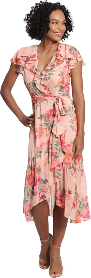 London Times Women's Soft Feminine Ruffle Wrap High Low Dress with Arm Coverage