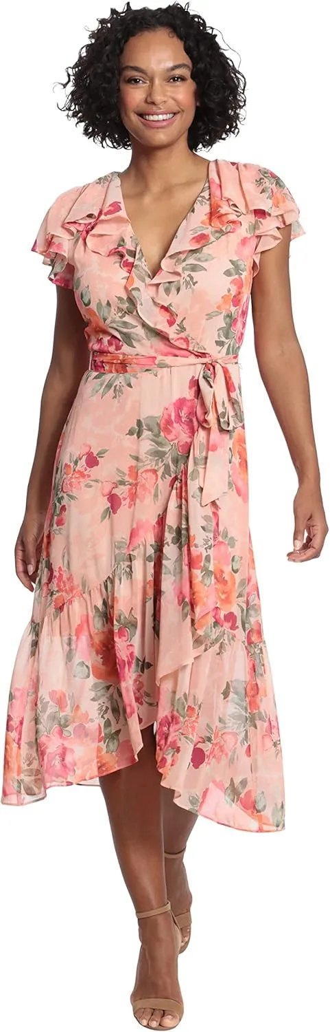London Times Women's Soft Feminine Ruffle Wrap High Low Dress with Arm Coverage