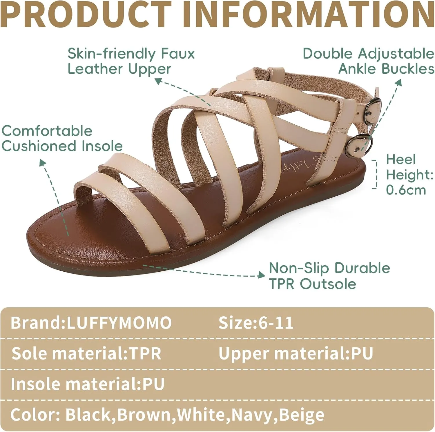 Luffymomo Women's Flat Sandals Open Toe Casual Strappy Sandals Comfortable Ankle Strap Gladiator Slides
