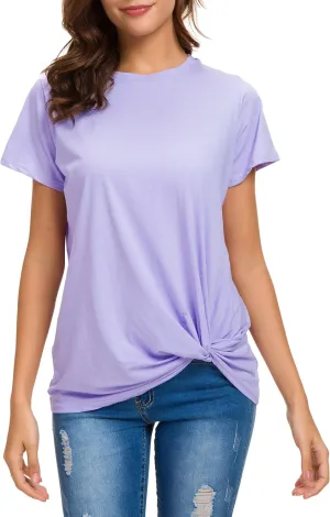 LUSMAY Womens Short Sleeve Loose Twist Knot Front T Shirts Cotton Casual Blouse