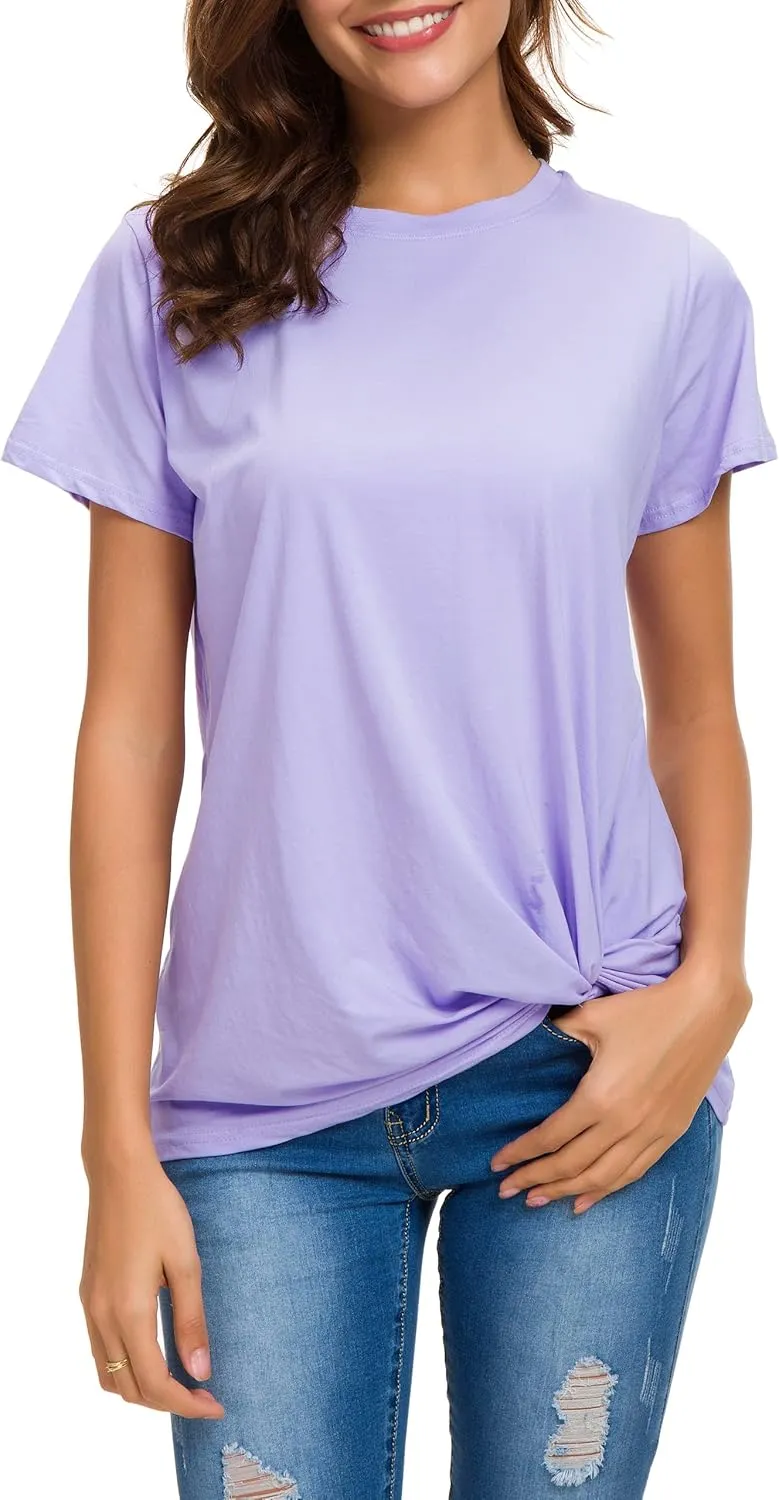 LUSMAY Womens Short Sleeve Loose Twist Knot Front T Shirts Cotton Casual Blouse