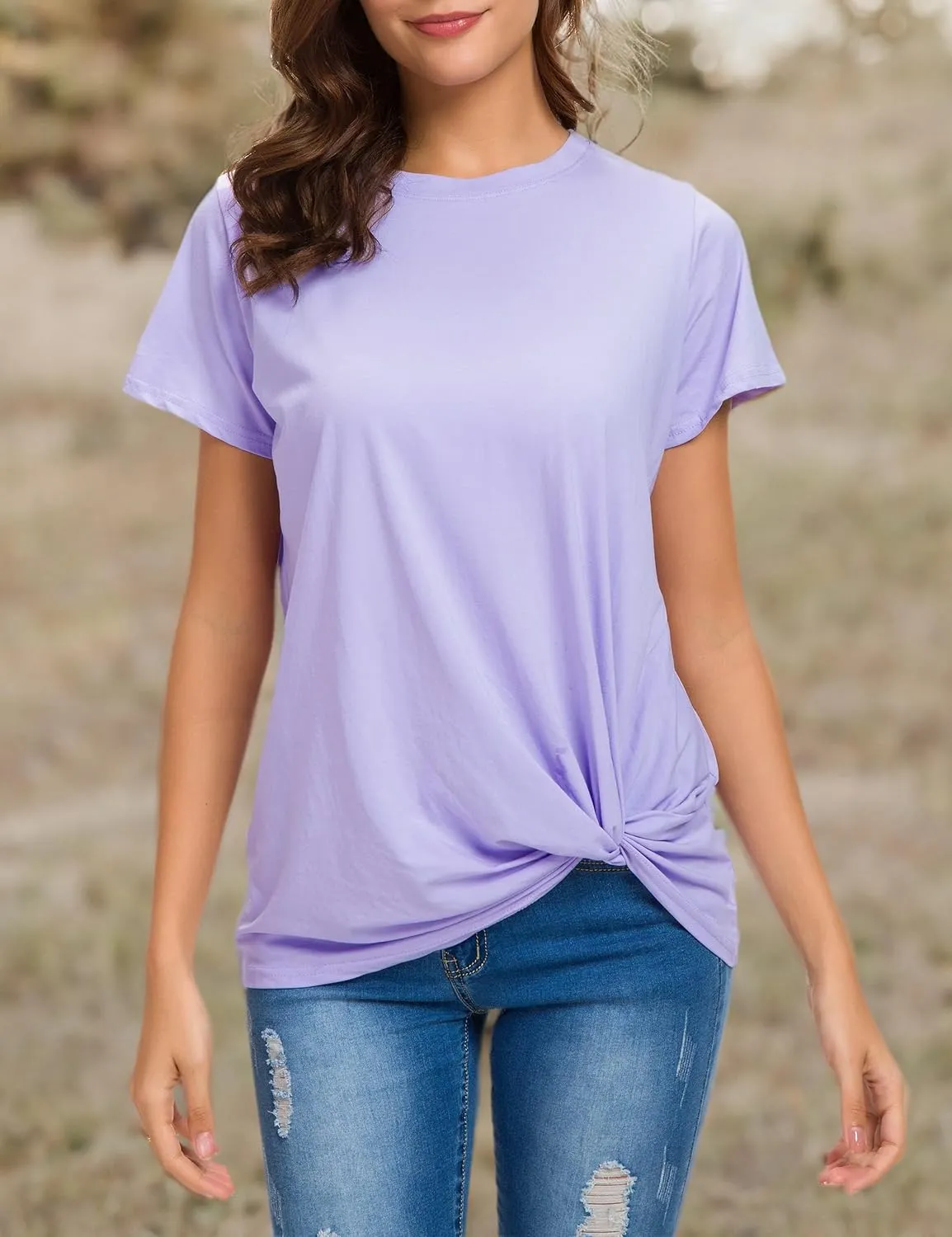 LUSMAY Womens Short Sleeve Loose Twist Knot Front T Shirts Cotton Casual Blouse