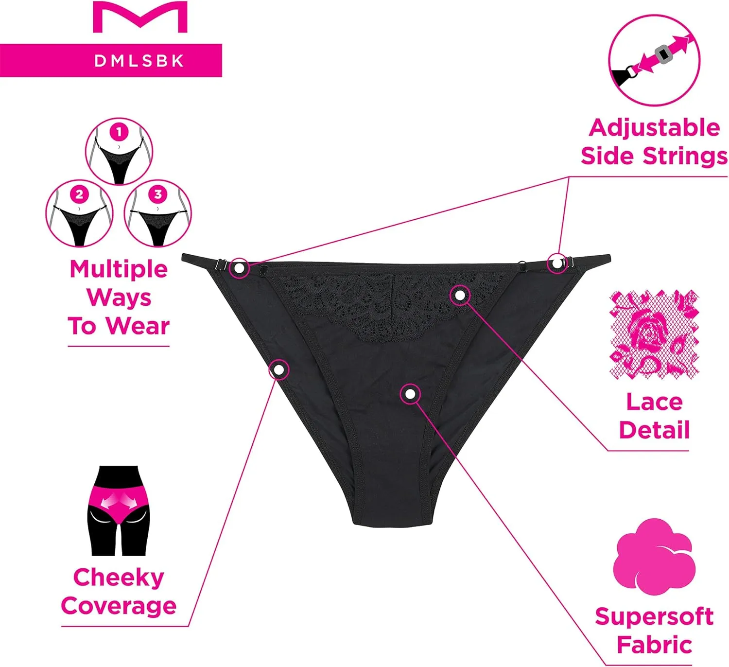 Maidenform Women's M Adjustable String Bikini Underwear, No-show Panties, Multi-way Straps, 3-pack