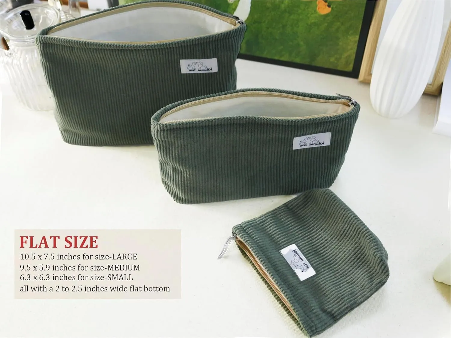 Makeup Bag Set 3 Cosmetic Toiletry Travel Pouch Organizer for Purse Tote, Women Girls Gift, Large Medium Small, Soft Corduroy, Solid Sage Green