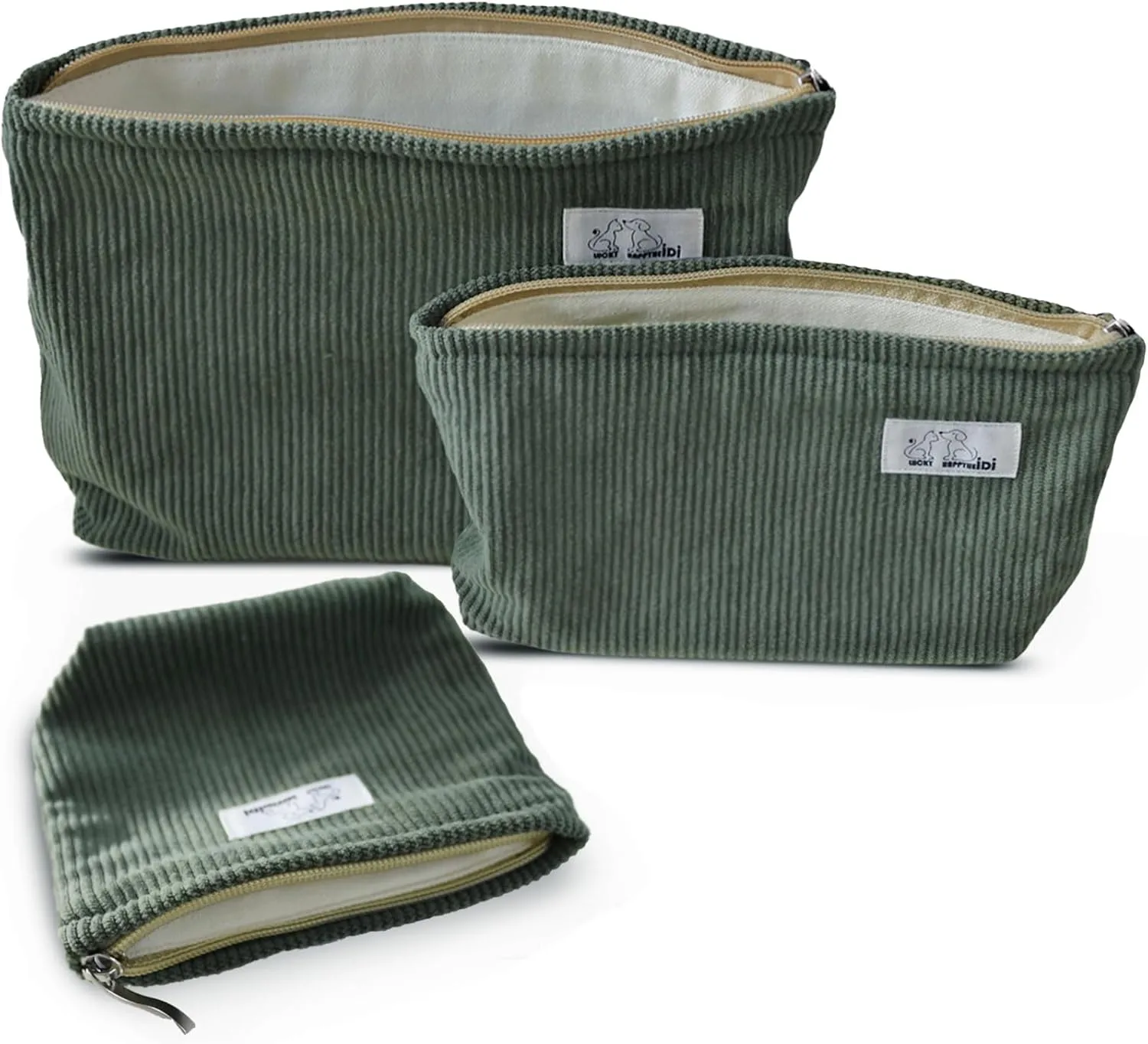 Makeup Bag Set 3 Cosmetic Toiletry Travel Pouch Organizer for Purse Tote, Women Girls Gift, Large Medium Small, Soft Corduroy, Solid Sage Green