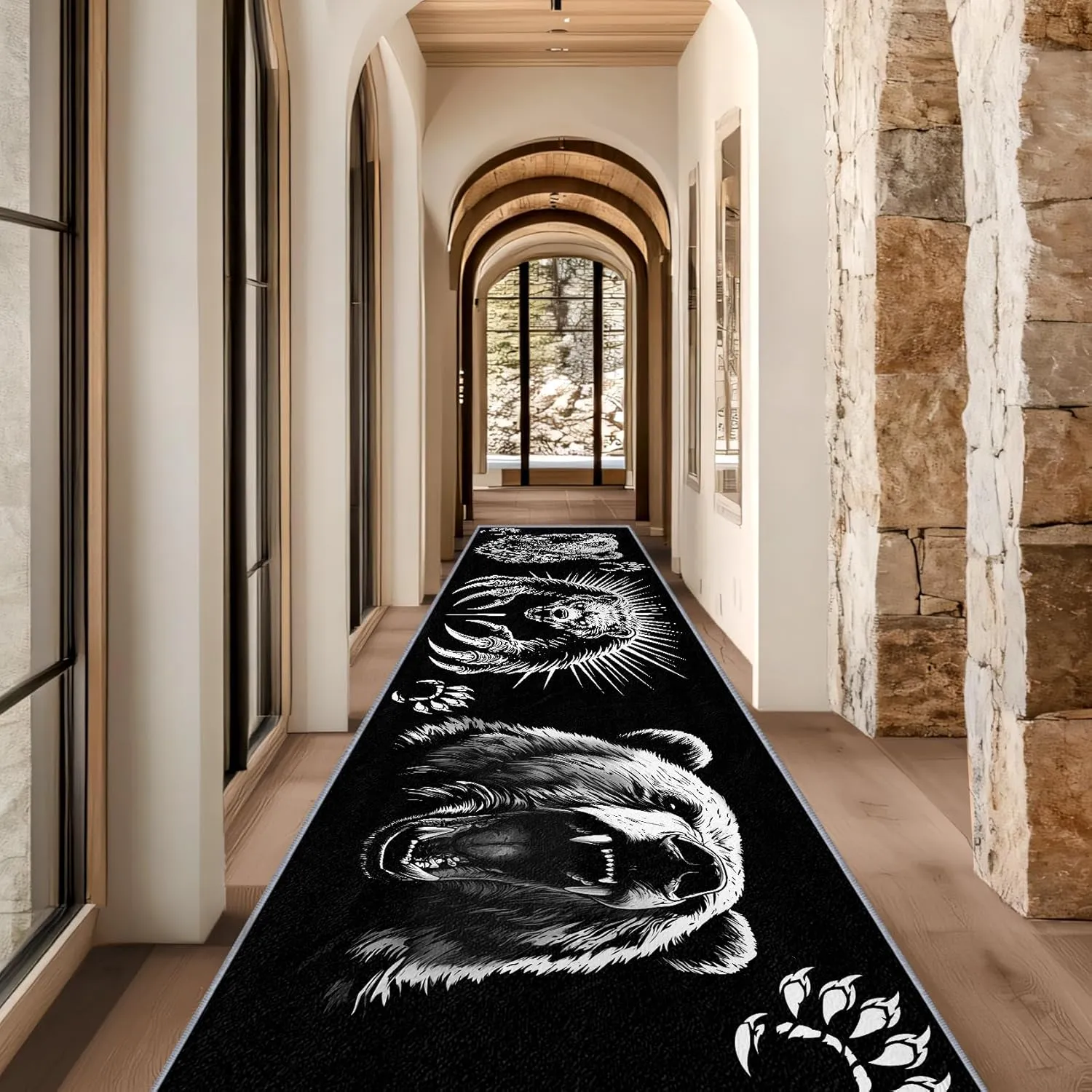 Man Cave Rug Extra Large, Man Cave Runner Rug, 2x6ft, Black and White Grizzly Bear Runners for Hallways, Cabin Animal Wildlife Runner Rug Non Slip Soft - Man Cave Home Decor