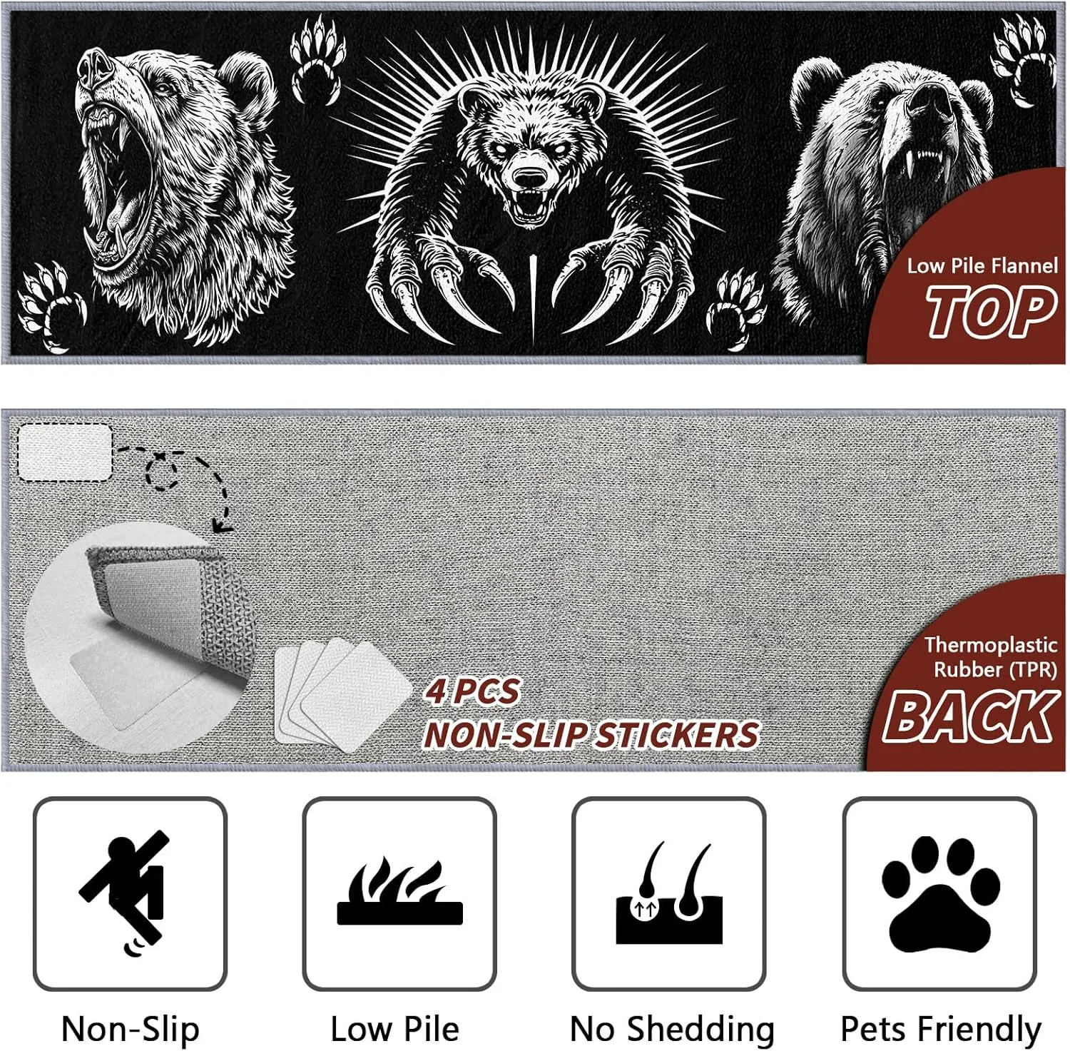 Man Cave Rug Extra Large, Man Cave Runner Rug, 2x6ft, Black and White Grizzly Bear Runners for Hallways, Cabin Animal Wildlife Runner Rug Non Slip Soft - Man Cave Home Decor