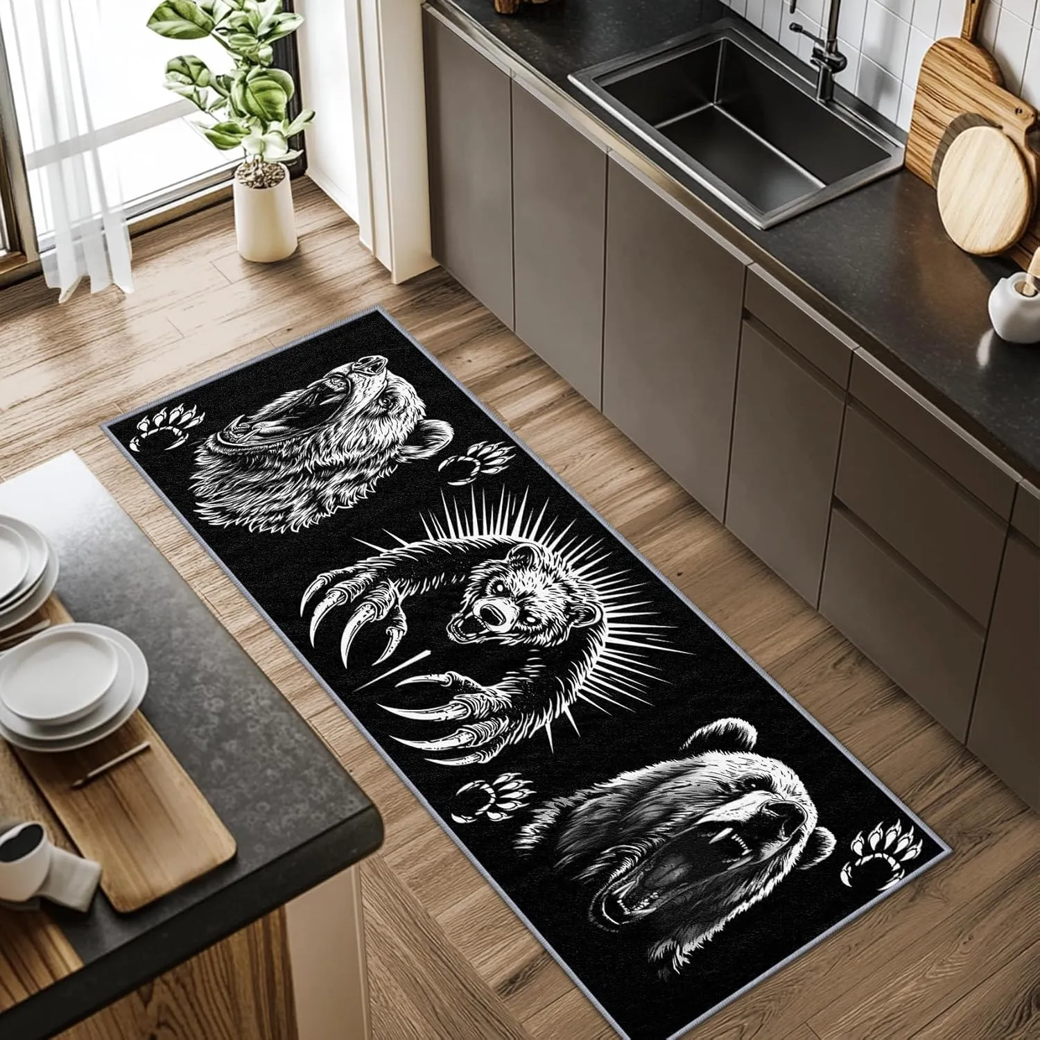 Man Cave Rug Extra Large, Man Cave Runner Rug, 2x6ft, Black and White Grizzly Bear Runners for Hallways, Cabin Animal Wildlife Runner Rug Non Slip Soft - Man Cave Home Decor