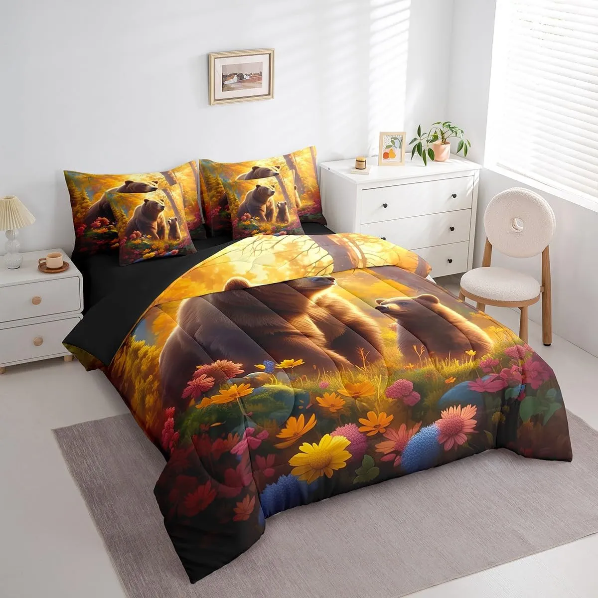 Manfei Cartoon Bears Bedding Set Queen Size 7 Pcs,Autumn Trees Flowers Bed Set Farmhouse Style Animal Comforter Set with Sheets,Orange Brown Bed in a Bag with Comforter,Sheets,Pillowcases